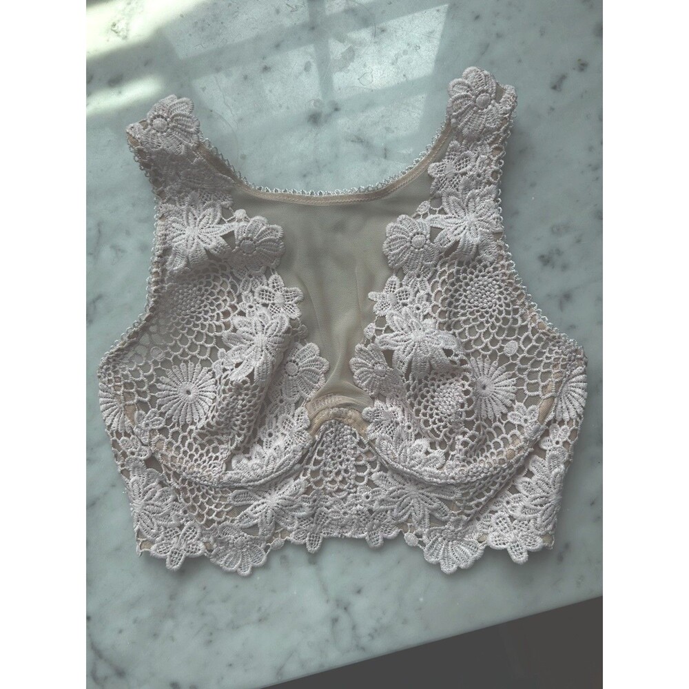 Victoria's Secret Dream Angels Pink Lace with Nude Mesh Longline Bra 32D NWOT